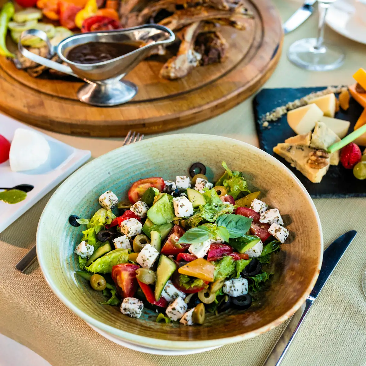 Sample photo: a bowl of Greek salad on a table